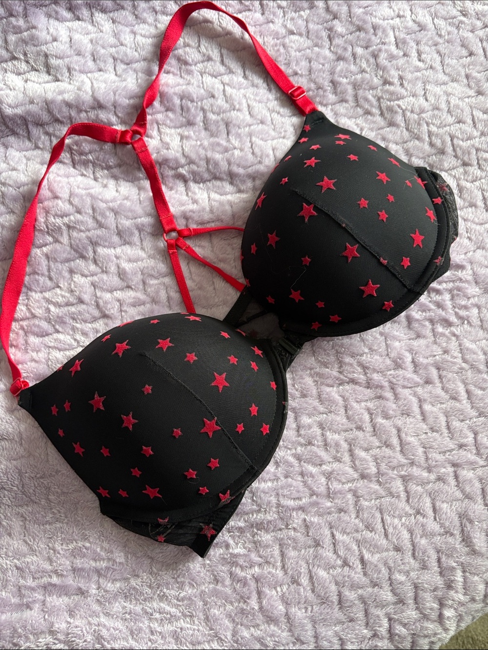 Victoria's Secret Black Bra with Red Straps Star Print